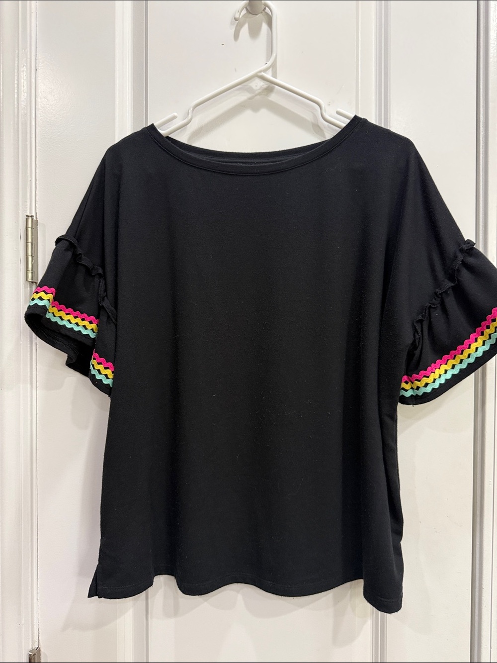 Black Women's Short Sleeve Top with Colorful Trim